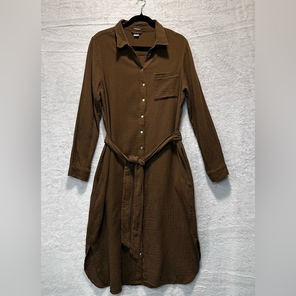 Magaschoni Organic Cotton Gauze Tie Waist Shirt Dress Brown Minimalist Sz L - Picture 4 of 8